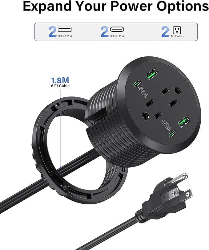 Desktop Power Grommet, 3-inch Hole, 40W Fast Charging Station, 2 PD 20W USB C Ports, 2 AC Outlets, 4 USB Ports, Flush Mount, 2 Pack