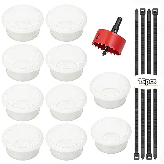 Desk Grommet 2 inch/50m,10Pcs Cable Grommet with Hole Saw & 15 Zip Ties,Desk Hole Grommet Desk Cord Hole Cover Desk Cable Grommet for Office Home Desk Table