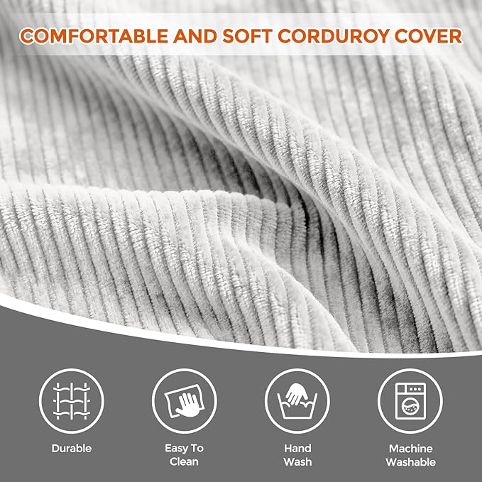 26" x 26" x 18" Pouf Ottoman Foot Rest, Pre-Stuffed Round Foot Stool with Odorless Shredded Memory Foam, Furry & Fluffy Corduroy Footrest for Living Room, Grey