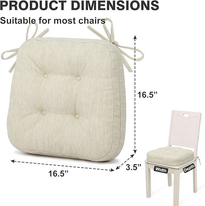 Shinnwa Kitchen Chair Cushions Set of 6, Dual-Layer Memory Foam Dining Chair Cushions, Patented Design Seat Pads with Ties, 16.5 x 16.5 x 3.5in, 6 Pack, Ivory