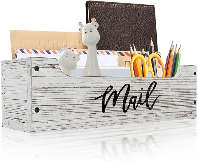 White Wooden Mail Organizer Countertop (Retro White+Black)