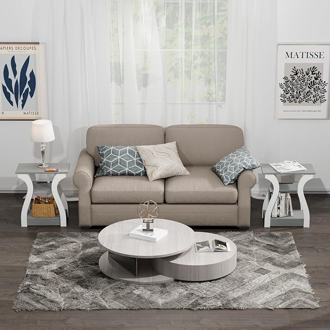 FROMJBEST End Tables Living Room, Grey End Table with Charging Station, Grey Side Table, Nightstand for Bedroom, 3 Tier End Table with Storage Shelf for Living Room