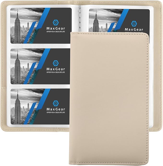 MaxGear Business Card Organizer Book, Holds 240 Cards, Portable PU Leather Business Card Holder with Clear Sleeves, Professional Card Binder for Office, Meetings, Networking, Off-white
