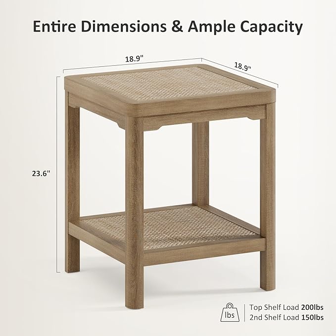 Eclatara End Table, Farmhouse Square Nightstand with 2 Tier Boho Rattan Shelves, Protective Round Edge, Ultra-Thick Stable Legs Side Table for Bedroom, Caramel Oak