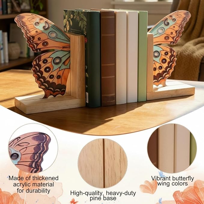Decorative Butterfly Bookends Wooden Acrylic Butterflys Bookend Modern Bookshelf Decor Accent Book Stopper Decor for Home Farmhouse Shelves Office Lover Gift(Junonia Almana Butterfly)
