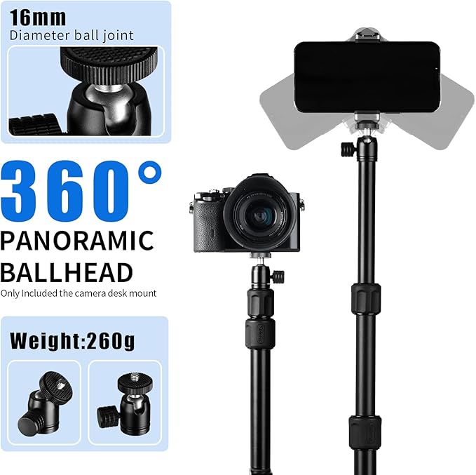 Selens Tabletop Camera Desk Mount Stand, 9.4"-18.5" with 1/4" Ball Head, Adjustable Desktop Stand Mount for DSLR Camera, Ring Light, Live Streaming, Video Studios