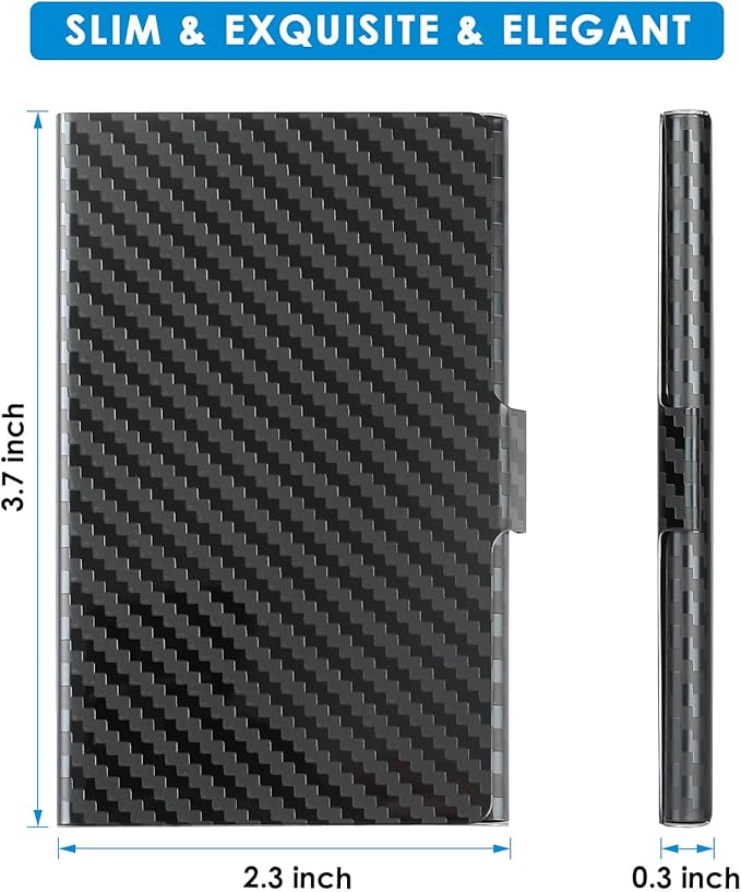 MaxGear Metal Business Card Holder for Men & Women, Stainless Steel Business Card Case Holds 10–20 Cards, Slim Pocket Name Cards Holder with Interior Lining & Buckle Closure, Black Carbon Texture