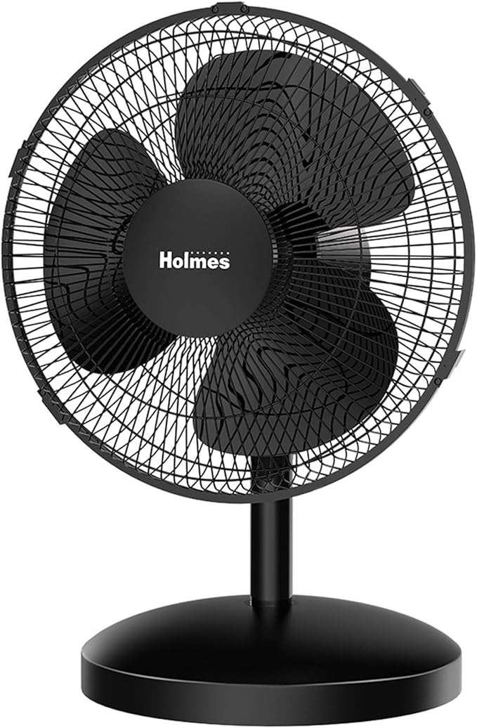 Holmes 12 Inch Oscillating Table Fan 3 Speeds 75 Degree Wide Angle Oscillation Adjustable 15 Degree Tilt Quiet Operation Home Office Bedroom Kitchen Black