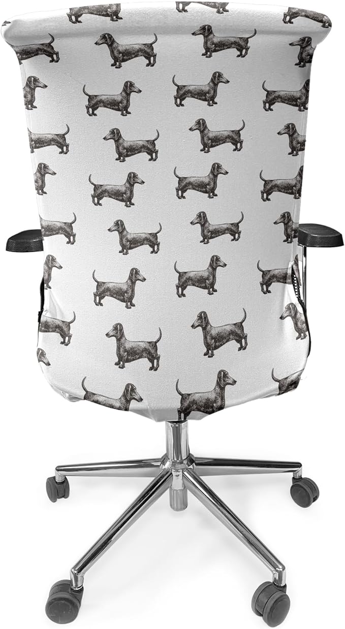 Ambesonne Dachshund Office Chair Cover, Pattern Lines with Sausage Dog Looking Different Directions, Stretchable Decorative Universal Size High Back Printed Slipcover, Grey White
