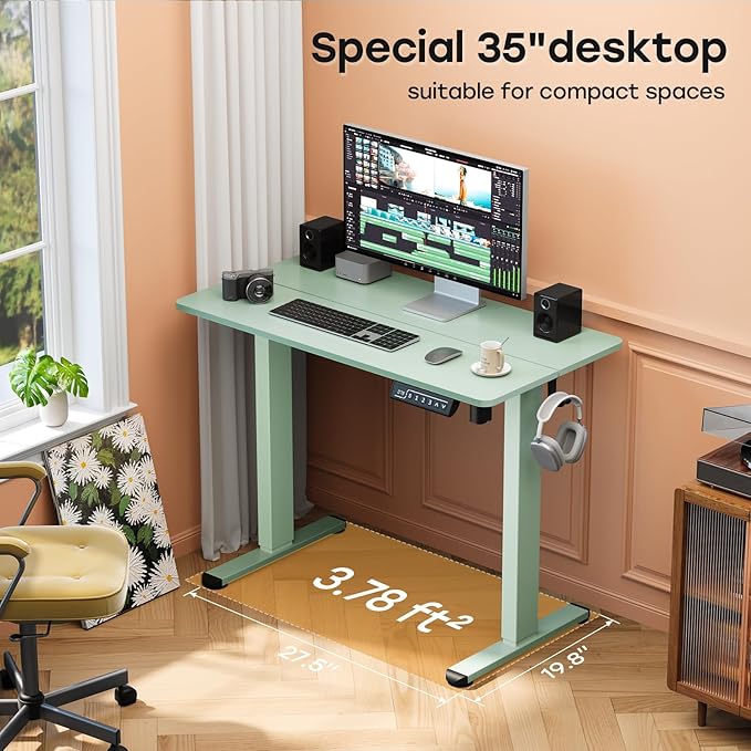 Small Electric Standing Desk, 35" ×20" Standing Table, Height Adjustable Compact Sit Stand Workstation with Splice Board, Home Office Desk with 2 Hooks, Sage Green