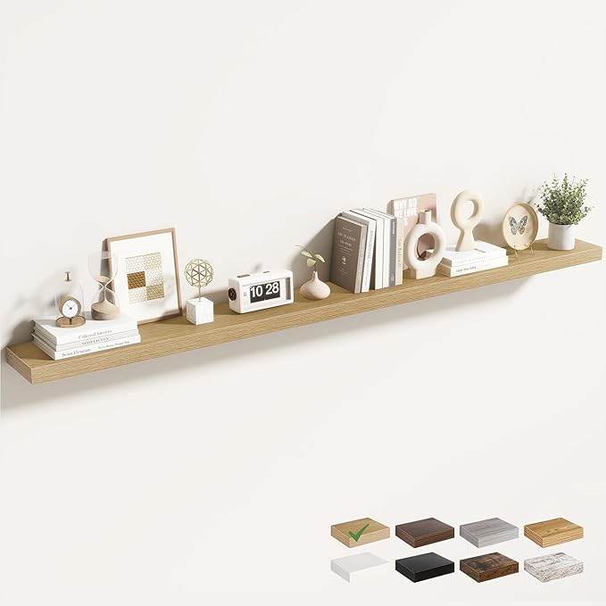 Acovy 72 Inch Floating Shelves for Wall 1 Pack, 72" Wall Shelves for Books, Storage, Decor, Wall Mounted Floating Shelf with Invisible Brackets for Kitchen, Living Room, Oak