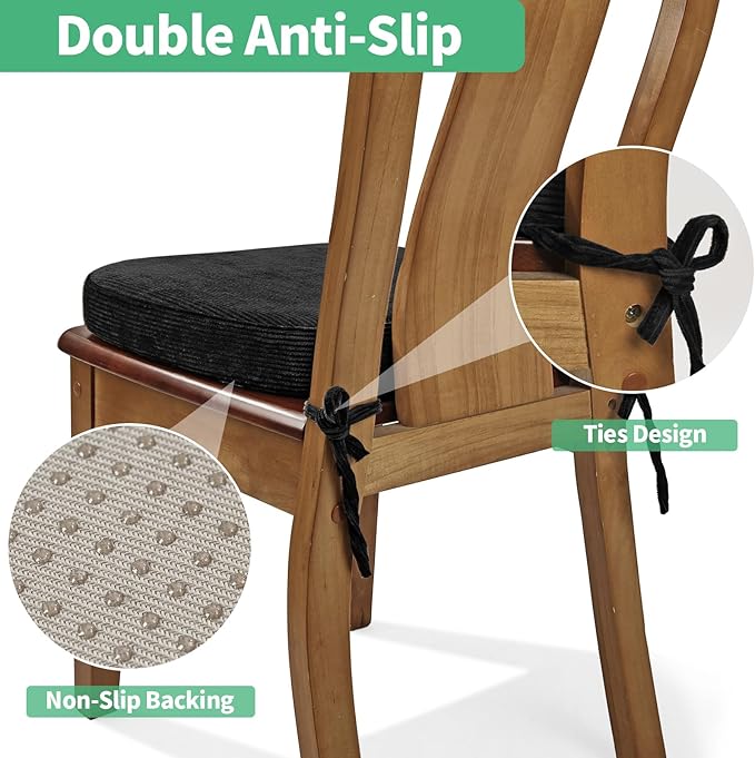 2.5" Thick Chair Cushions for Dining Chair, Corduroy High Density Foam Kitchen Chair Pads, U Shaped Indoor Seat Cushions with Ties & Non-Slip Backing, Washable Cover, 17''x16.5'', Black