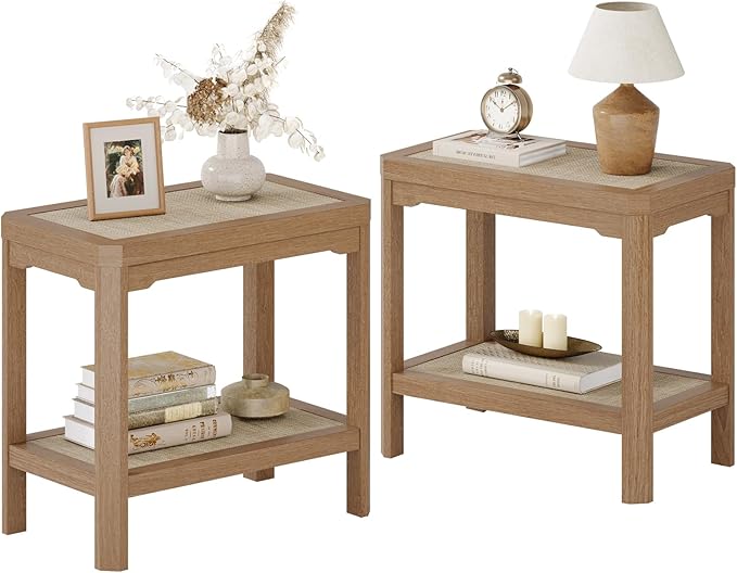 Eclatara Rattan Night Stand Set of 2 - Farmhouse 2 Tier End Table for Bedroomoom - Accent Side Table wtih Open Storage Shelves for Small Space Narrow Coffee Table Bamboo, Natural Oak