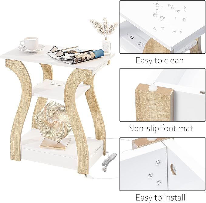 FROMJBEST End Table with Charging Station, Side Table with USB Ports and Outlets, Nightstand, 3 Tier End Table with Storage Shelf for Living Room, Bedroom (White)