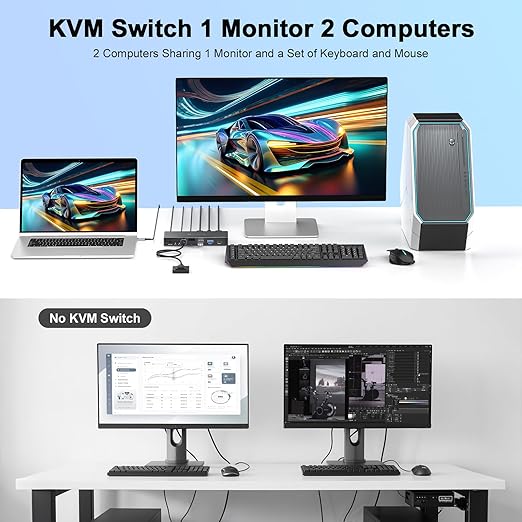 USB C HDMI KVM Switch 1 Monitors 2 Computers,4K@60Hz KVM Switch 2 Port for 1 Laptop 1 Desktop Share 1 Monitor Keyboard Mouse Printer and 100W PD Charging for Laptop,Wired Remote 2 USB Cable Included