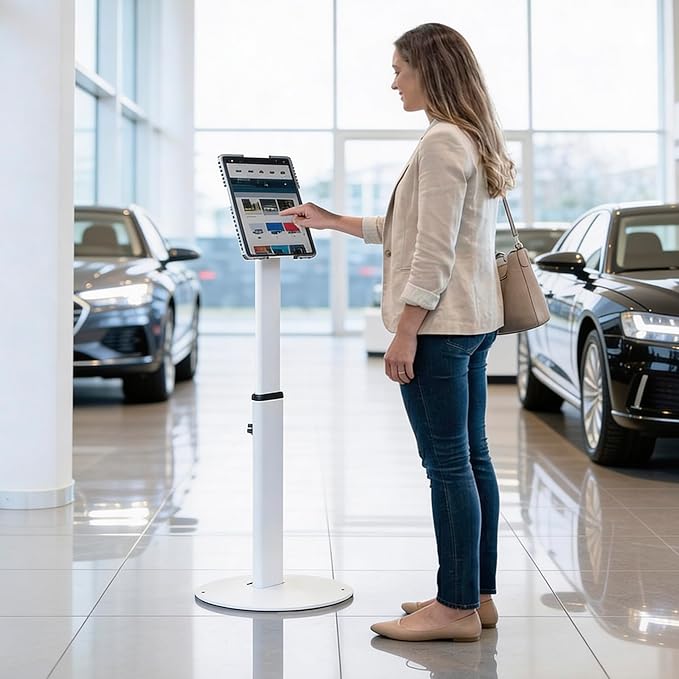Mount-It! Anti-Theft Universal Tablet Floor Stand Kiosk, Locking Enclosure for iPad, Galaxy Tab & Surface Pro 9.7"–13.1", Height Adjustable 27.5"–47", Commercial Kiosk Stand, White
