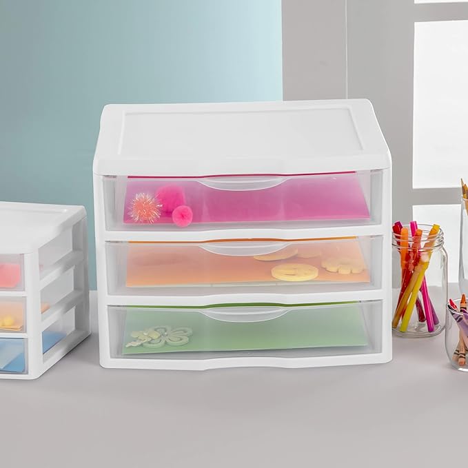 2-Pack Wide 3 Drawer Storage Unit, Clear Plastic Countertop Drawers with Stopper, White Desktop Organizer for Crafts Office Supplies Makeup, Stackable Small Drawer Bin for Bedroom Bathroom