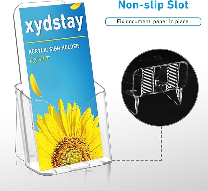 xydstay Brochure Holder 4x9 Inches Slant Back Design, Clear Display Stand, Plastic Table Stand Sign Holder,Pamphlet Holder Flyer Holder, Acrylic Display Stand, Acrylic Table Signs Plastic Paper Holder for Office, Home, Store, 4 Pack