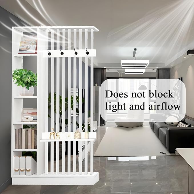 Wall Room Divider - Freestanding Wood Room Divider with Shelves and Coat Rack, Wall Divider with Storage Cabinet and Display Shelf, Freestanding Decor for Bedroom, Office