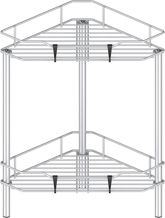 HuggieGems 2 Tier Floor Standing Corner Shower Caddy Organizer Shelf with Hooks, Bathroom Shelves Stand Rack, Silver