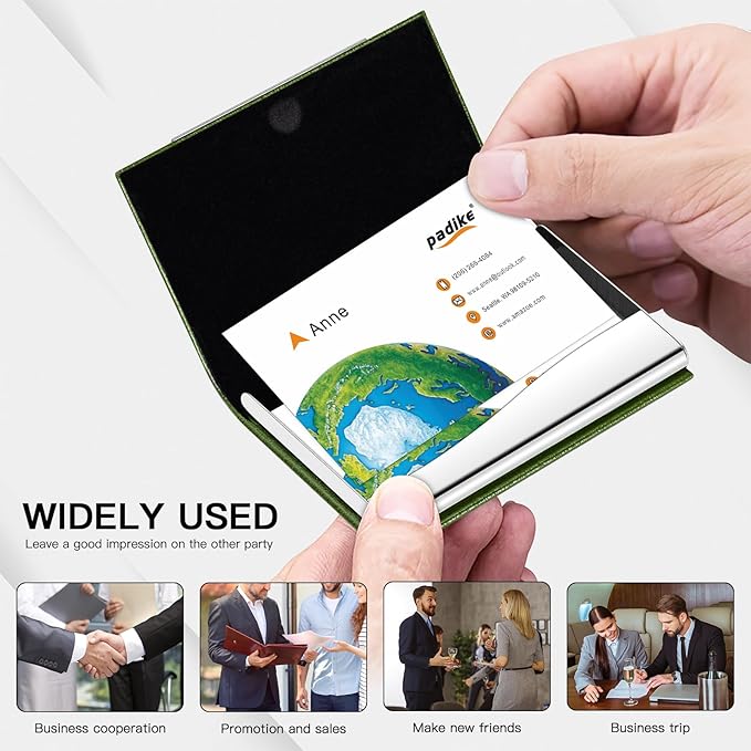 Padike Business Card Holder, Business Card Case Professional PU Leather & Stainless Steel Multi Card Case,Business Card Holder Wallet Credit Card ID Case/Holder for Men & Women. (V-Green)