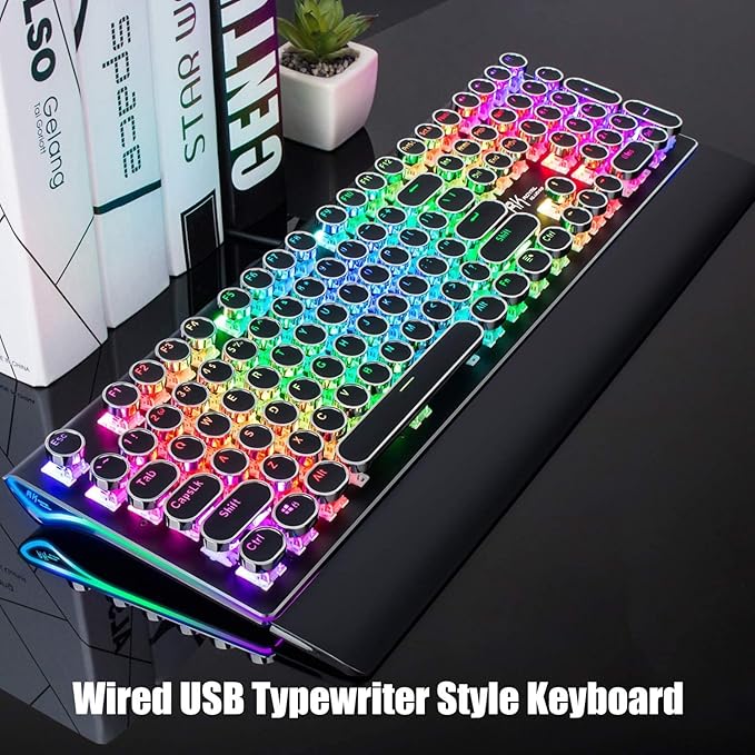 RK ROYAL KLUDGE S108 Typewriter Mechanical Keyboard, Full RGB Gaming Keyboard, Wired PC Game Keyboards with Number Pad and Detachable Wrist Rest, Retro Round Keycaps, Brown Switches Black