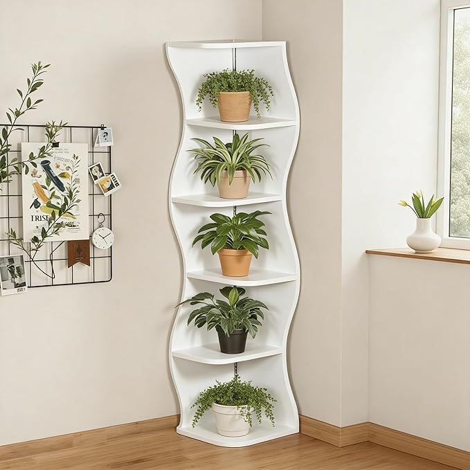 VECELO Wavy Corner Shelf with LED Light, Decorative 6-Tier Corner Display Bookshelf, 59.3" Tall Storage Organizer for Small Spaces, Living Room or Bedroom, White