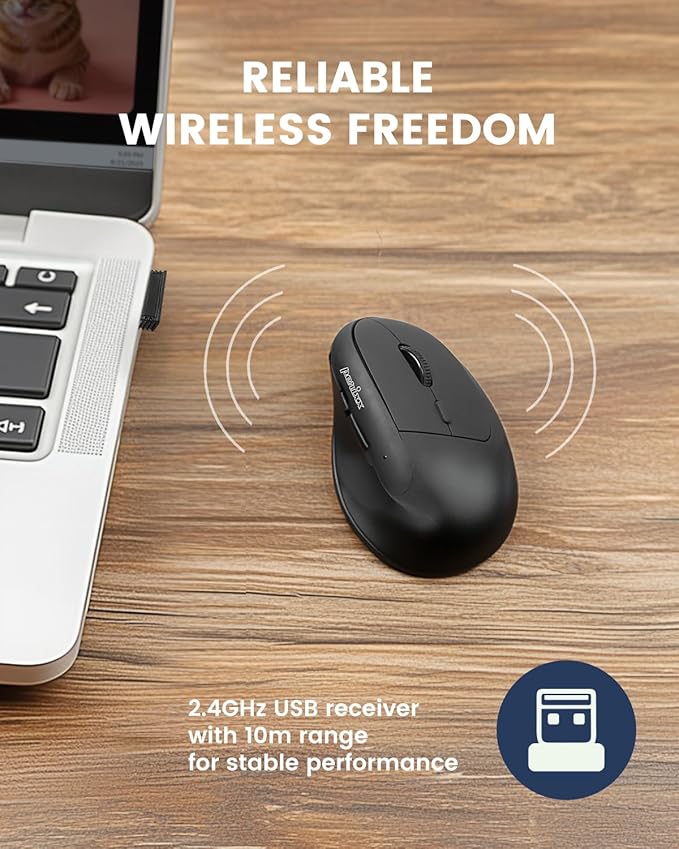 Perixx PERIMICE-608II Wireless Vertical Mouse, 2.4GHz, 6 Buttons, Adjustable DPI 800/1200/1600/2400, Right-Handed Design, USB Receiver, Black