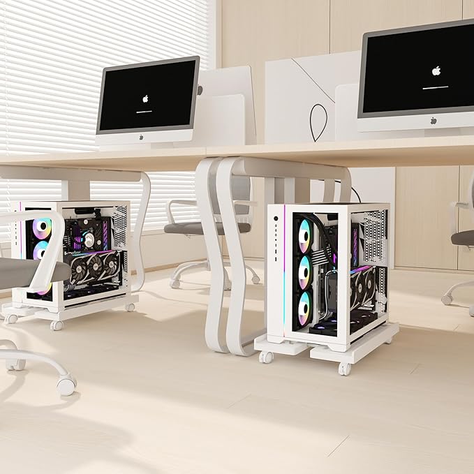 PC Stand, Mobile CPU Stand for Floor, Adjustable CPU Rolling Stand, Under Desk Computer Tower Stand, Computer Mobile Cart Holder with Locking Caster Wheels PC Tower Stand for Home and Office - White