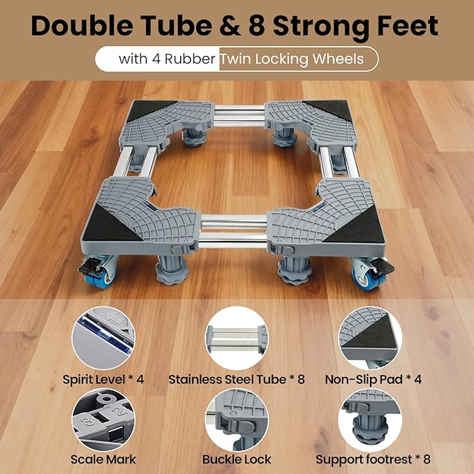Mini Fridge Stand Mobile Base With 4 Locking Wheels And 8 Strong Feet 28-35.4 Inches, Heavy Duty Furniture Dolly for Washer, Mini Refrigerator and Dryer, Adjustable Mini Fridge Stand Washing Machine Stand Pedestal (28-35.4 Inches)