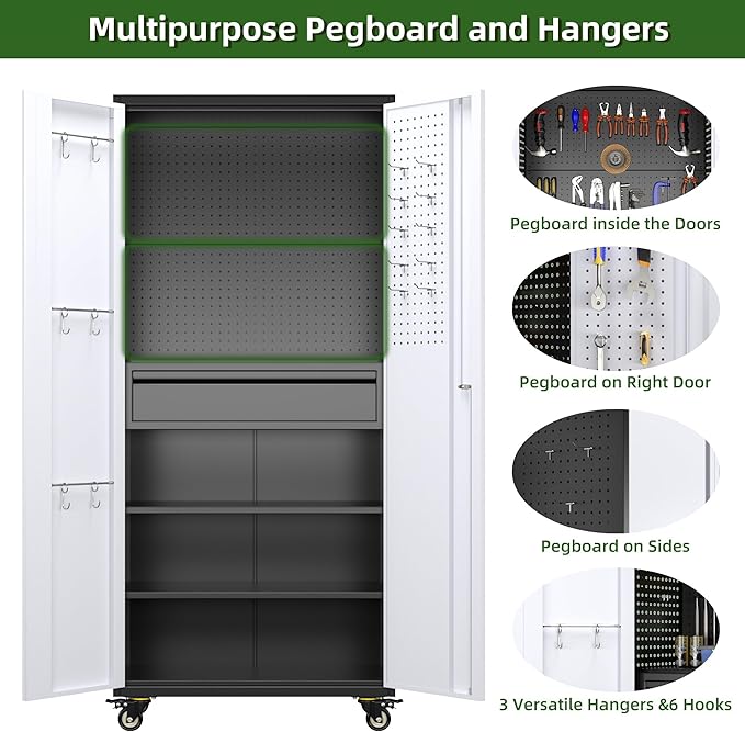 Aobabo Garage Storage Cabinet with Wheels, Metal Storage Cabinet with 1 Drawer for Home, Garage, Assembly Required, Black & Grey