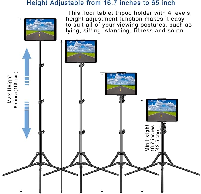 SAMHOUSING Ipad Tripod Stand, with 65 inch Height Adjustable iPad Stand Holder & iPad Floor Stand with 360° Rotating iPad Tripod Mount for iPad Pro, iPhone, Kindle, and All 4.5-12.9 Inch Tablets