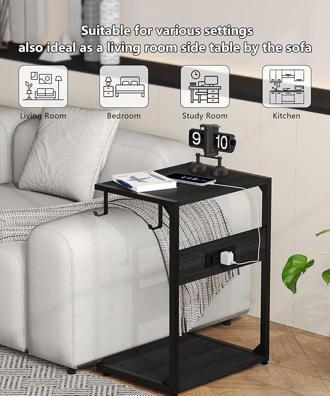 Akxomel 2 Tier Computer Tower Stand with Charging Station, 11.8" D x 16.5" W Rolling Floor PC Tower Stand Fits Under Desk, CPU Holder Cart for Carpet with Hooks, Home Office