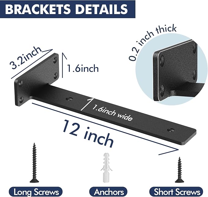Starunder 8 Pack Floating Shelf Brackets,12 Inch Heavy Duty Industrial Shelf Bracket, Black Metal L Brackets for Shelves Support DIY(1/5 Inch Thicked)