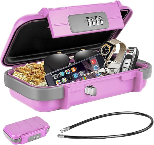 HUANLANG Portable Safe Lock Box with Combination Lock Mini Beach Travel Safe Waterproof Small Lockable Boxs with Removable Wire Rope Combination Lock Box for Dorm,Travel,Beach,Hotel,Car,Home,Office