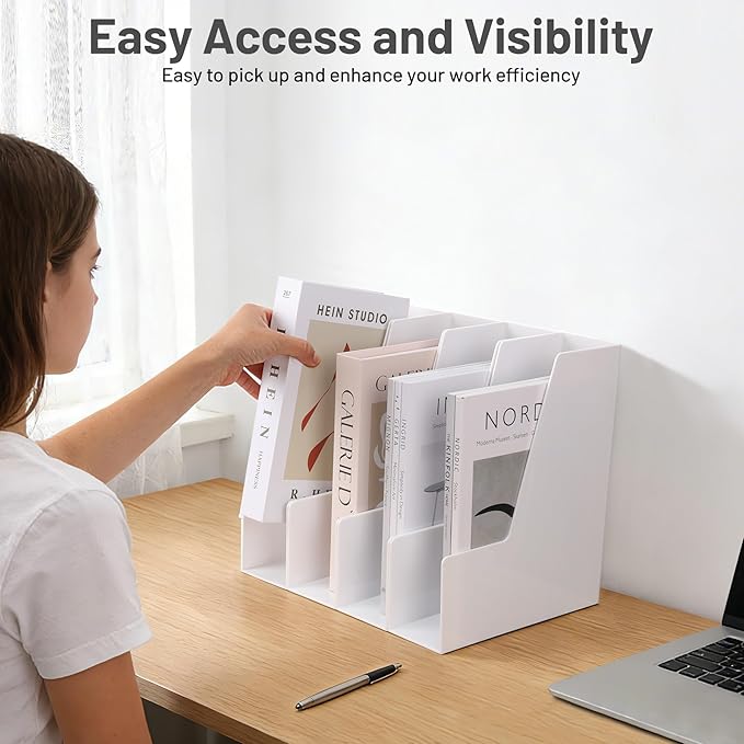 CiWiVOKi Vertical Magazine File Holder, Desk Organizer and Storage for Magazines, Binders, Notebooks, Envelopes, Multi-Purpose Desktop File Organizer for Home, Office & Classroom, 4 Pack, White