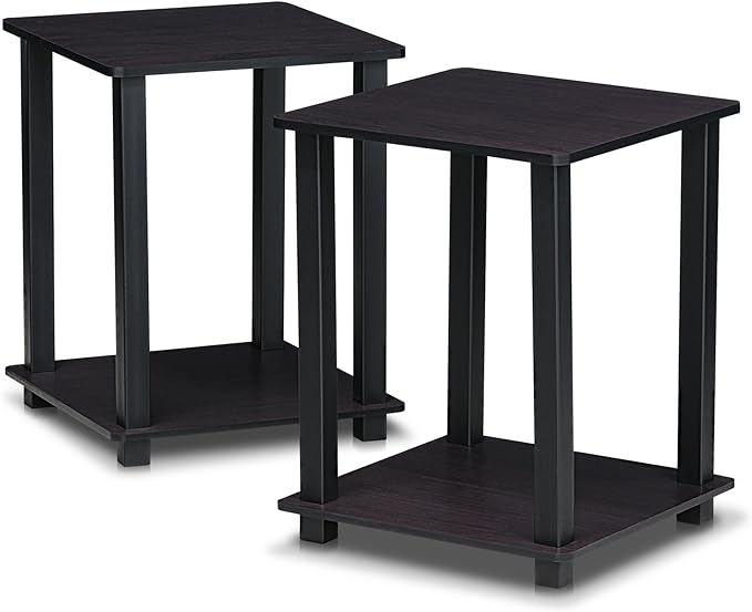 Furinno SIMPLISTIC Side Table Set of 2, 2-Tier Square Modern End Table, Nightstand, Night Stand, Bedside Table, Toolless Assembly, for Living Room, Bedroom, Dark Walnut