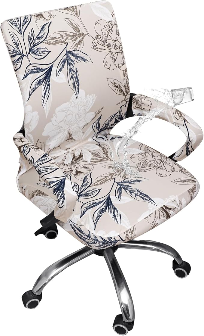 Waterproof Office Chair Cover with Armrest Cover 18Inch Wide Stretch Printed Floral Small Desk Computer Chair Covers with Long Zipper Arm Slipcovers Washable