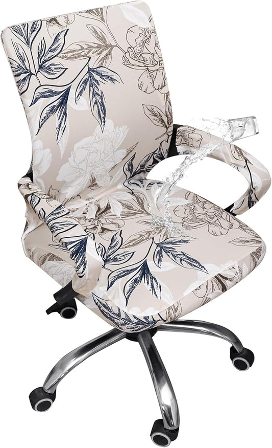 Waterproof Office Chair Cover with Armrest Cover 18Inch Wide Stretch Printed Floral Small Desk Computer Chair Covers with Long Zipper Arm Slipcovers Washable