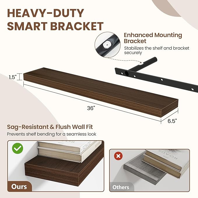 Acovy 36 Inch Floating Shelves for Wall 2 Pack, 36" Wall Shelves for Books, Storage, Decor, Wall Mounted Floating Shelf with Invisible Brackets for Kitchen, Living Room, Walnut