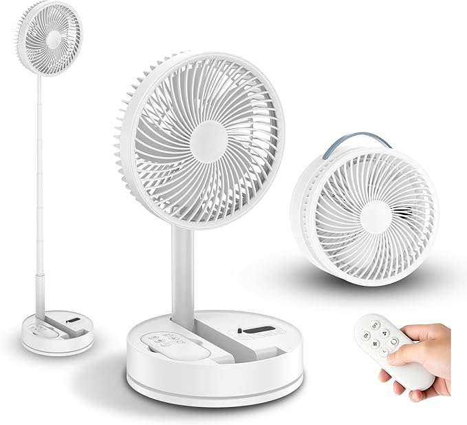 Portable Standing Oscillating Rechargeable Fan - 8" 8000mah Battery Operated USB Fan for Bedroom Quiet Remote Folding Pedestal Floor Ventilador Table Desk Fans for Room Office Camping Travel White
