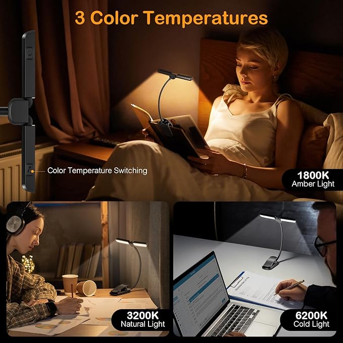 18 LED Rechargeable Book Light for Reading in Bed - Eye Caring 3 Color Temperatures & Stepless Dimming & Memory Function, 180° Foldable Panels, Clip On Book Reading Light for Book Lovers