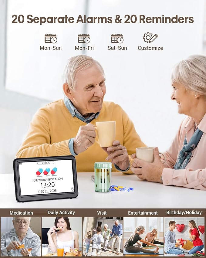 Clock with Day and Date for Elderly Battery Operated, Digital Calendar Clock with 12 Display Modes, 20 Alarms and Medicine Reminders, Dementia Clocks for Seniors, Black (With Rechargeable Battery)