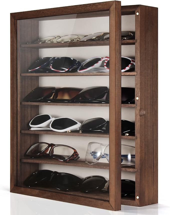 TJ.MOREE Sunglasses Organizer Storage Wall Mounted: 13 x 15.6 inches Eyewear Display Case 6 Tier Rustic Wood Eyeglasses Holder Large Glasses Storage Box, Brown