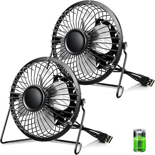 Glooglitter 2 Pcs 4" USB Small Fan Powerful Quiet 360° Adjustable Rotation Personal Metal Mini Desk Fan Summer Electric Ideal for Home Office Bedroom Desk Airflow Cooling, USB Powered Only(Black)