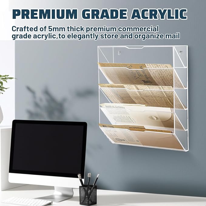 Chunful 5 Tier Mail Sorter Letter Wall Holder Clear Acrylic Wall Mounted Mail Organizer Hanging File Envelope Pocket Plastic Mount Document Holder for Home Office Entryway