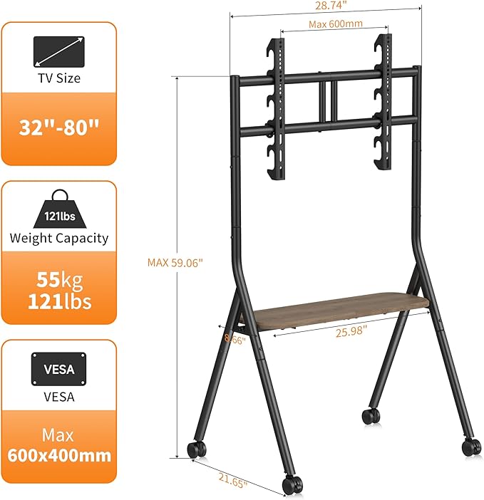 XINLEI Easel Rolling TV Stand for 32-80 Inch TV up to 121lbs, Mobile Portable TV Cart with Wheels Minimalist for Home Business Office Living Room School, Max 600x400mm VESA, Black ML5C