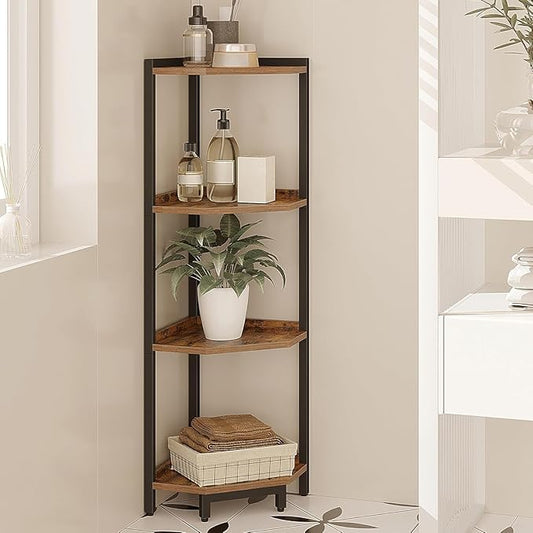 Hzuaneri Corner Shelf Stand, Corner Bookshelf, Storage Standing Shelf Unit with Metal Frame, Plant Stand, Bookcase for Living Room, Home Office, Bedroom, 4-Tier Rustic Brown CS05801B