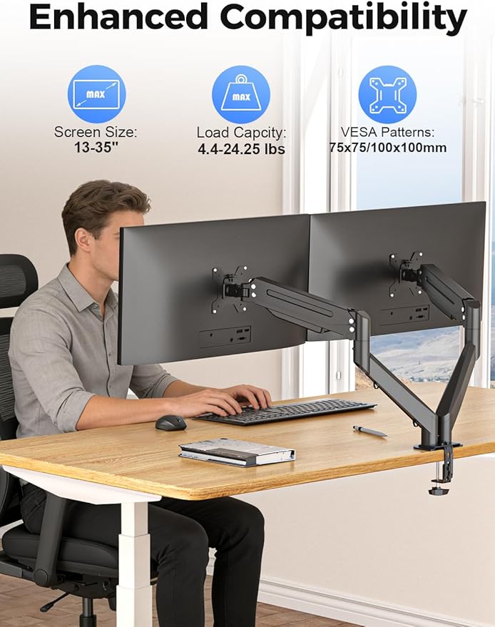 Suptek Dual Monitor Mount Stand-Height Adjustable Gas Spring Monitor Arm Desk Mount for 2 Computer Screens 17 to 35 inches - Each Arm Holds up to 24.25lbs,Black(MD8SP)