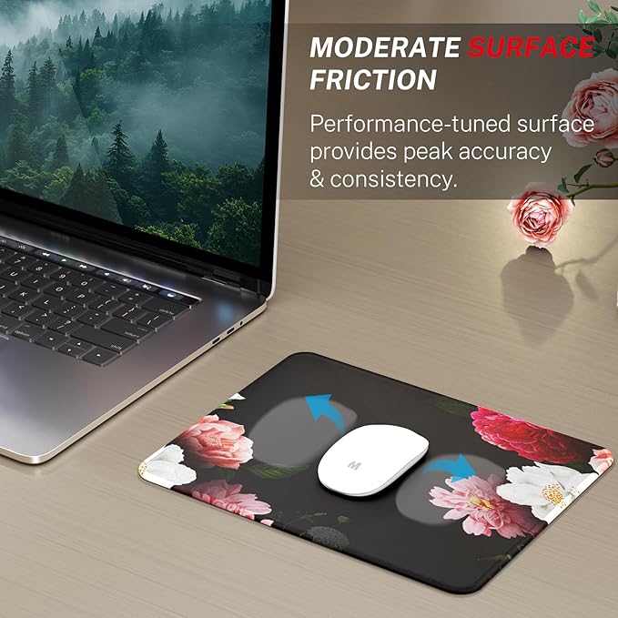 MROCO Mouse Pad [30% Larger] with Anti-Fray Stitched Edges, Premium-Textured Waterproof Surface, Non-Slip Rubber Base, Computer & Gaming Mouse Mat for Laptop, Office & Home, 8.5 x 11 in, Black Flower